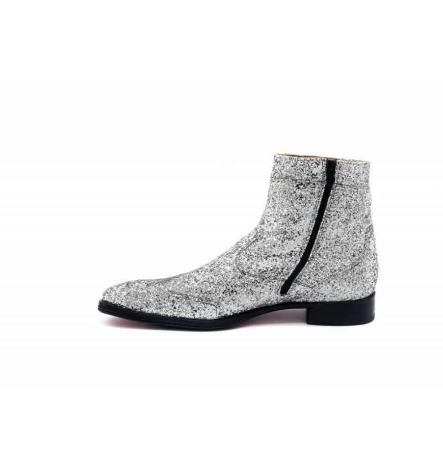 Men'S Ankle Boots * | Glitter Silver Leather Ankle Boots For Men