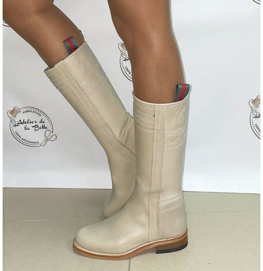 High Boots * | Beige Leather Cowboy Boots For Women