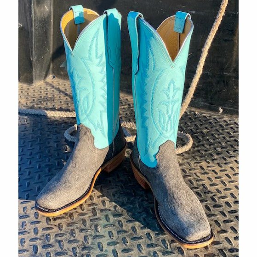 Women'S Boots * | Fenoglio Grey Cape Buffalo W/ Turquoise Shaft Boots