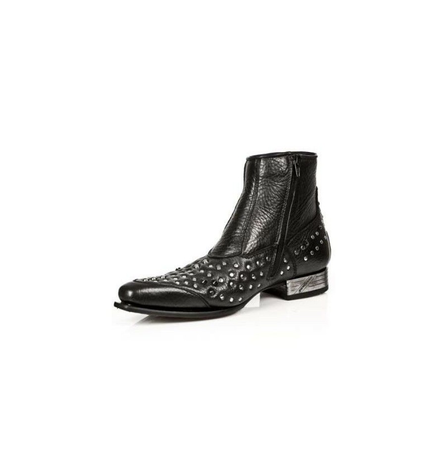 Men'S Ankle Boots * | Black Leather Studded Ankle Boots For Men With Steel Heel