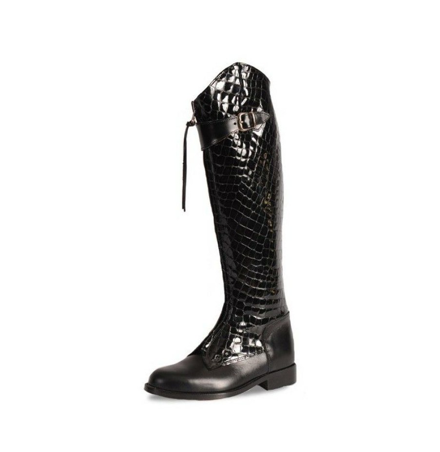 High Boots * | Elegant Black And Crocodile Leather Riding Boots