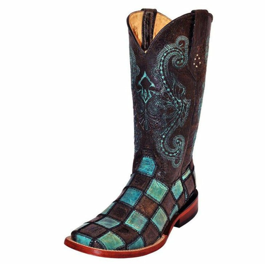 Women'S Boots * | Ferrini Women'S Black And Turquoise Patchwork Square Toe